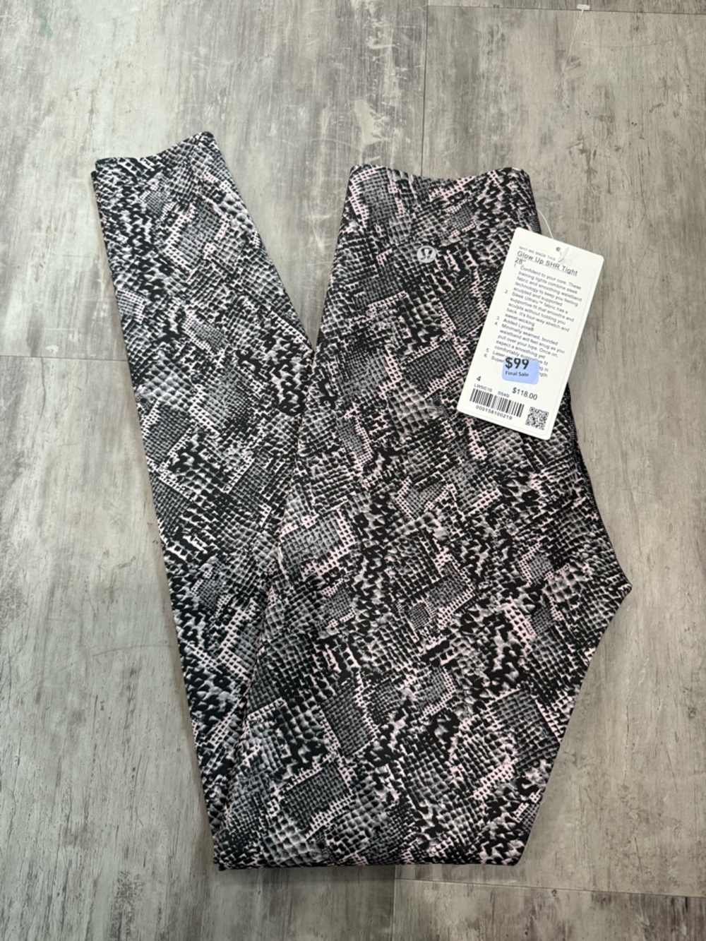 lululemon Glow Up Tight Leggings - Black & Pale Pink‎ Snake Print Size 4